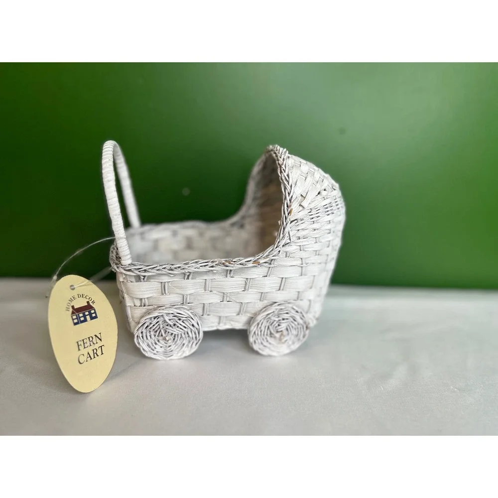Home Decor Fern Cart White Woven Wicker Baby Carriage Decorative Basket 687038